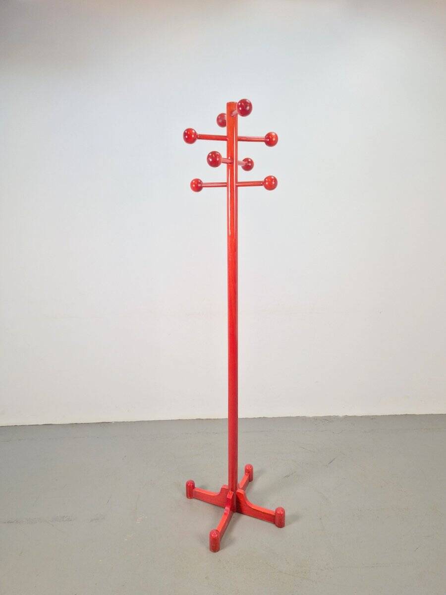 Vintage Red Stained Beech Coat Rack with Balls, 1970s