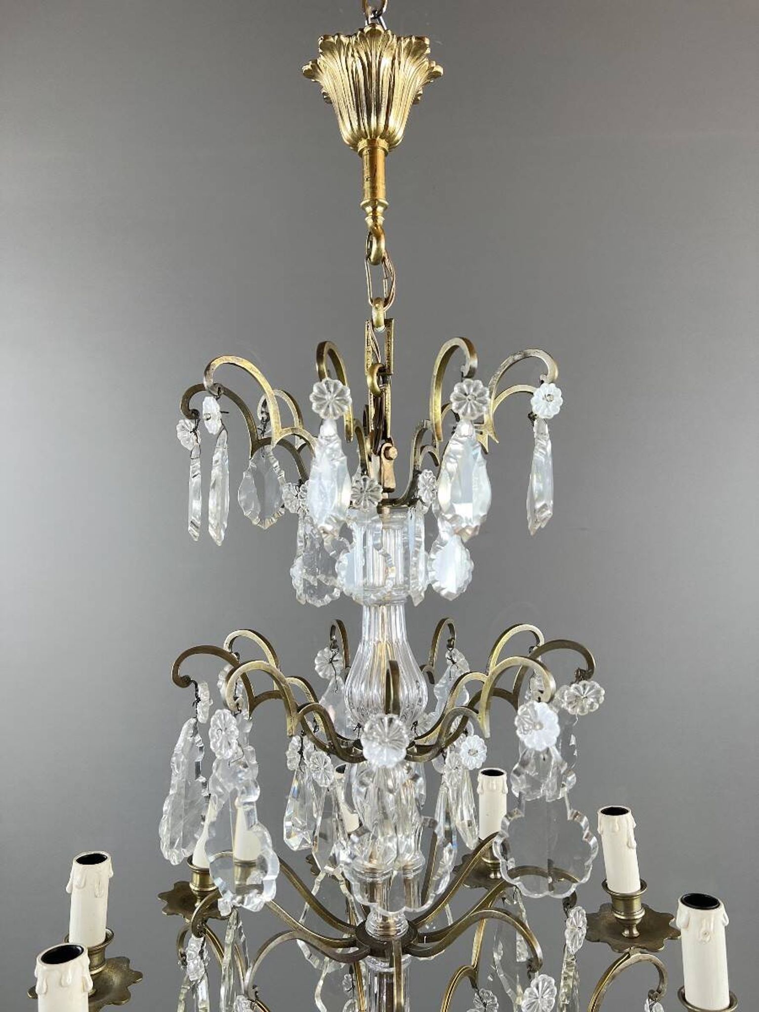 Bronze, brass and crystal chandelier, early 20th century.
