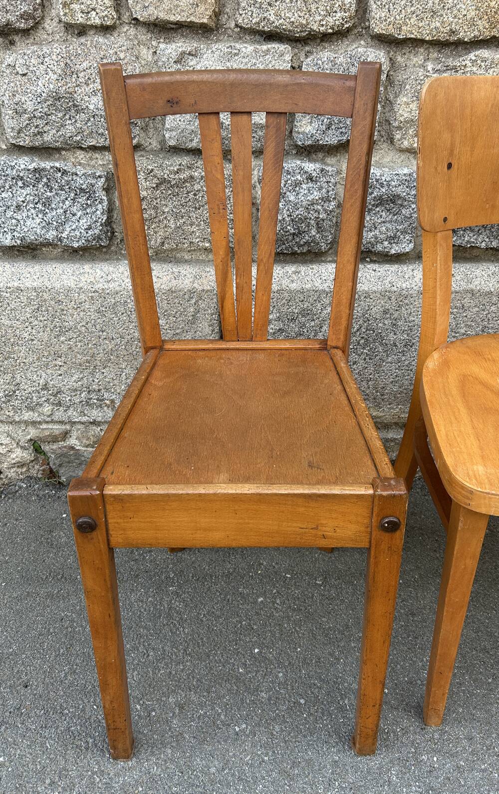 Set of 5 mismatched vintage blond wood bistro chairs