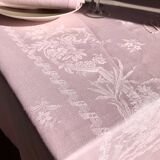 Nappe damassée ancienne en lin baby rose