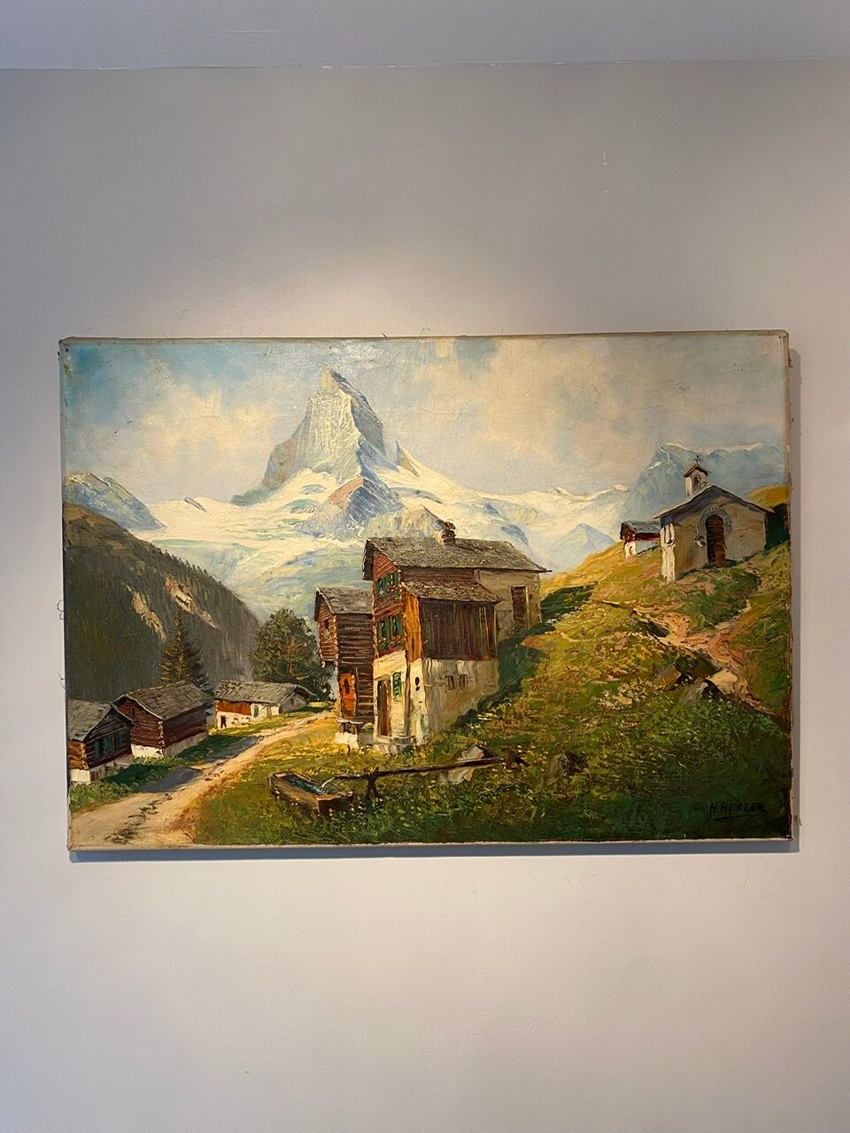 Old painting, Swiss mountain landscape signed H Herzer, mid-XX century