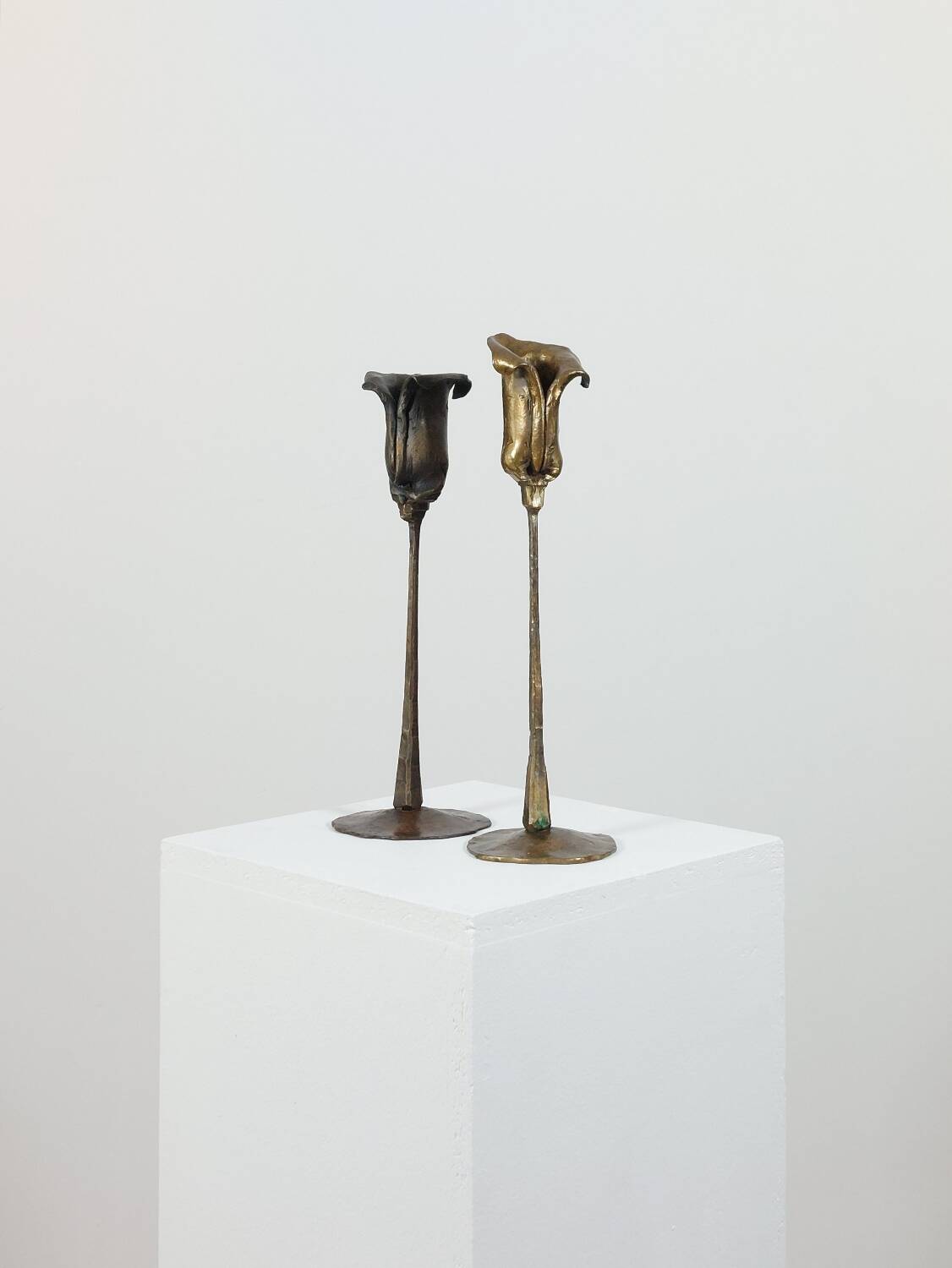 Pair of vintage brass candle holders with tulip decoration.