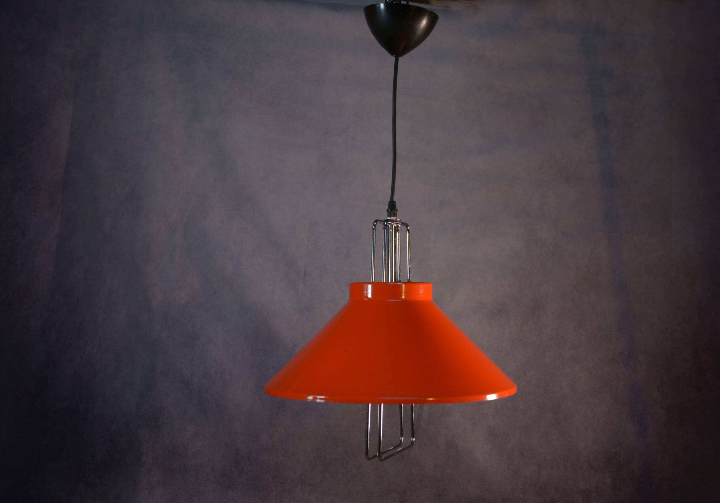 1970s orange lacquered metal designer pendant light
