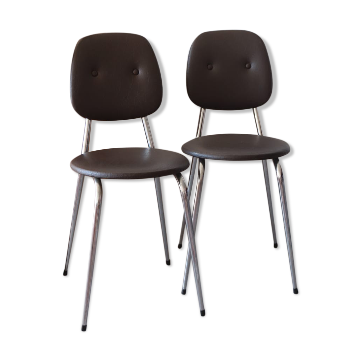 2 chairs 70s in chocolate skaï and chrome metal