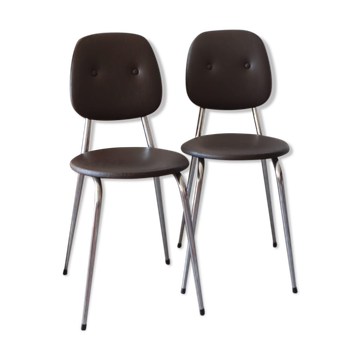 2 chairs 70s in chocolate skaï and chrome metal
