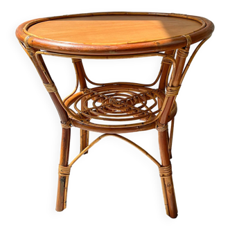 Vintage round rattan coffee table 1970