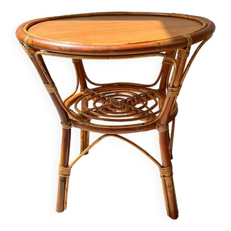 Table basse ronde rotin vintage 1970