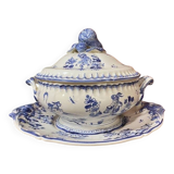 Soup tureen and its presentation dish with blue Moustiers decor