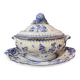 Soup tureen and its presentation dish with blue Moustiers decor