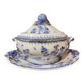 Soup tureen and its presentation dish with blue Moustiers decor