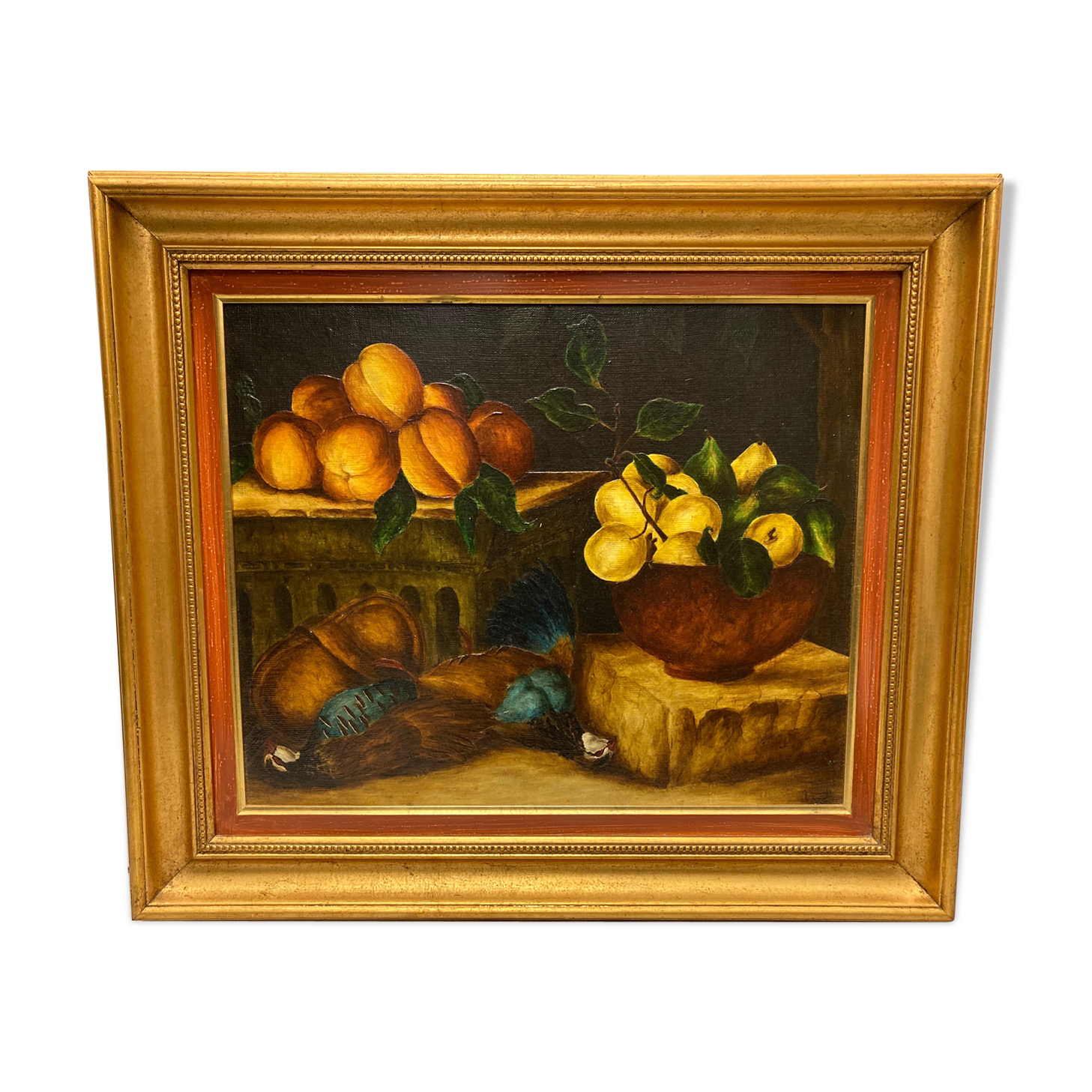Framed paint with peaches, pears and pheasants
