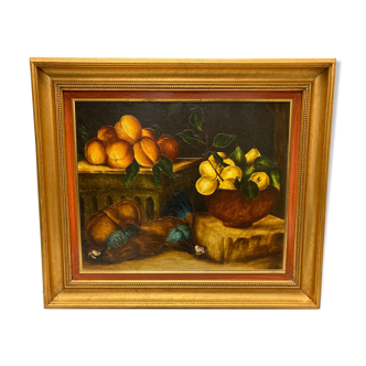Framed paint with peaches, pears and pheasants