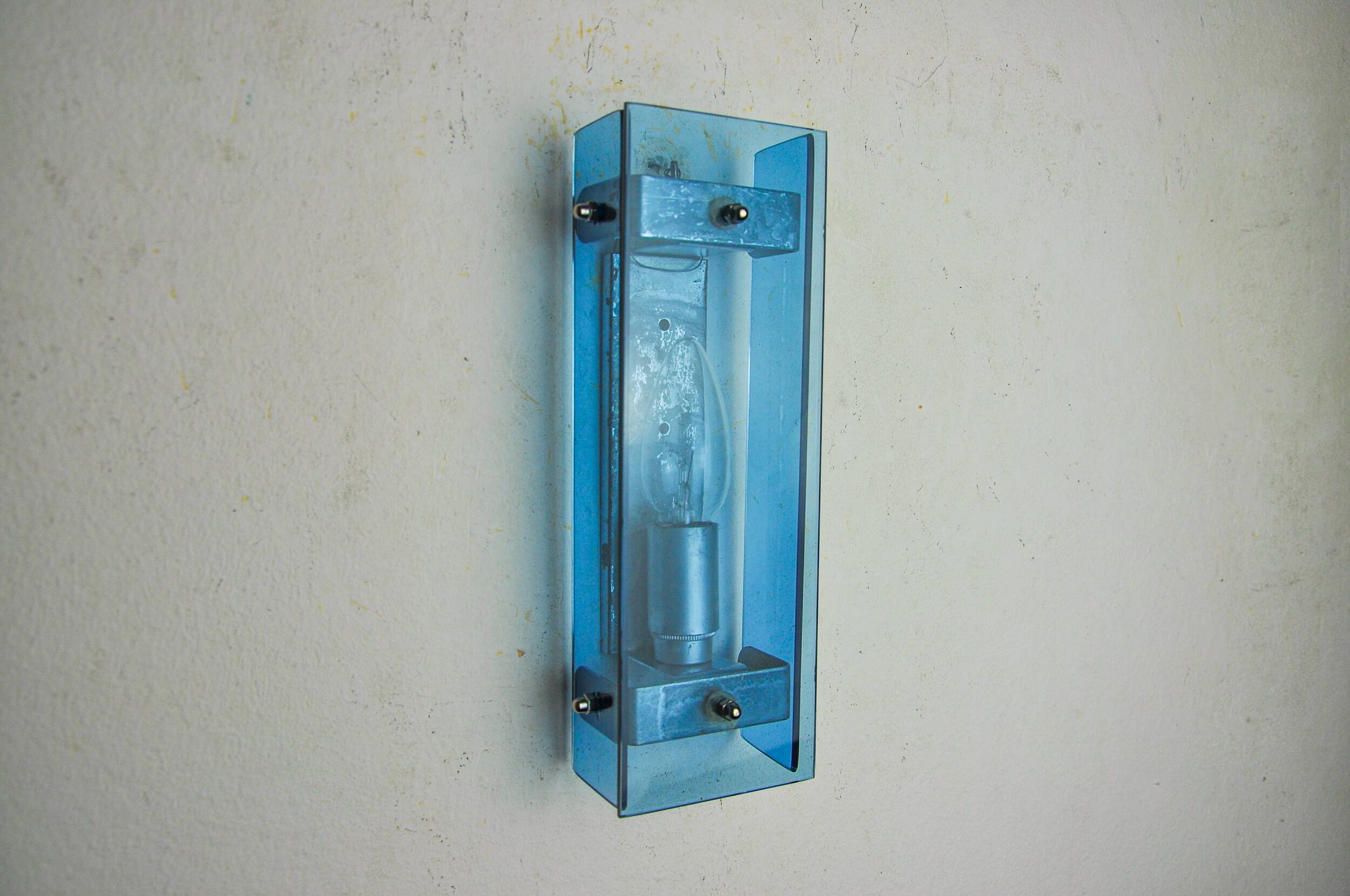 Veca blue wall light, beveled glass, italy 1970