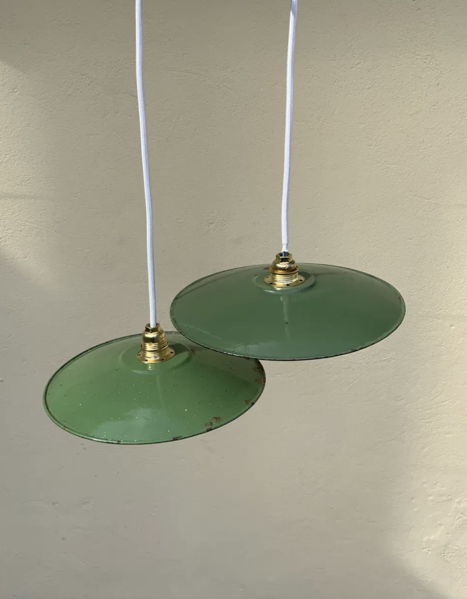 Pair of vintage hanging green enamel sheet and white new electricity LED