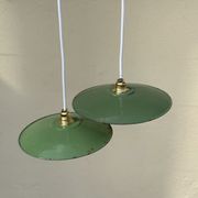 Pair of vintage hanging green enamel sheet and white new electricity LED