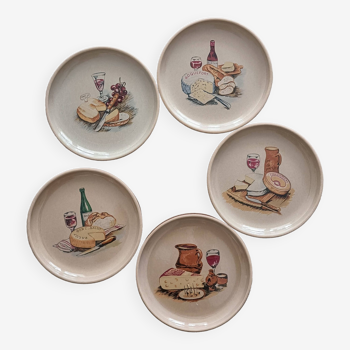 Lot de 5 assiettes en grès Gien décor fromages français