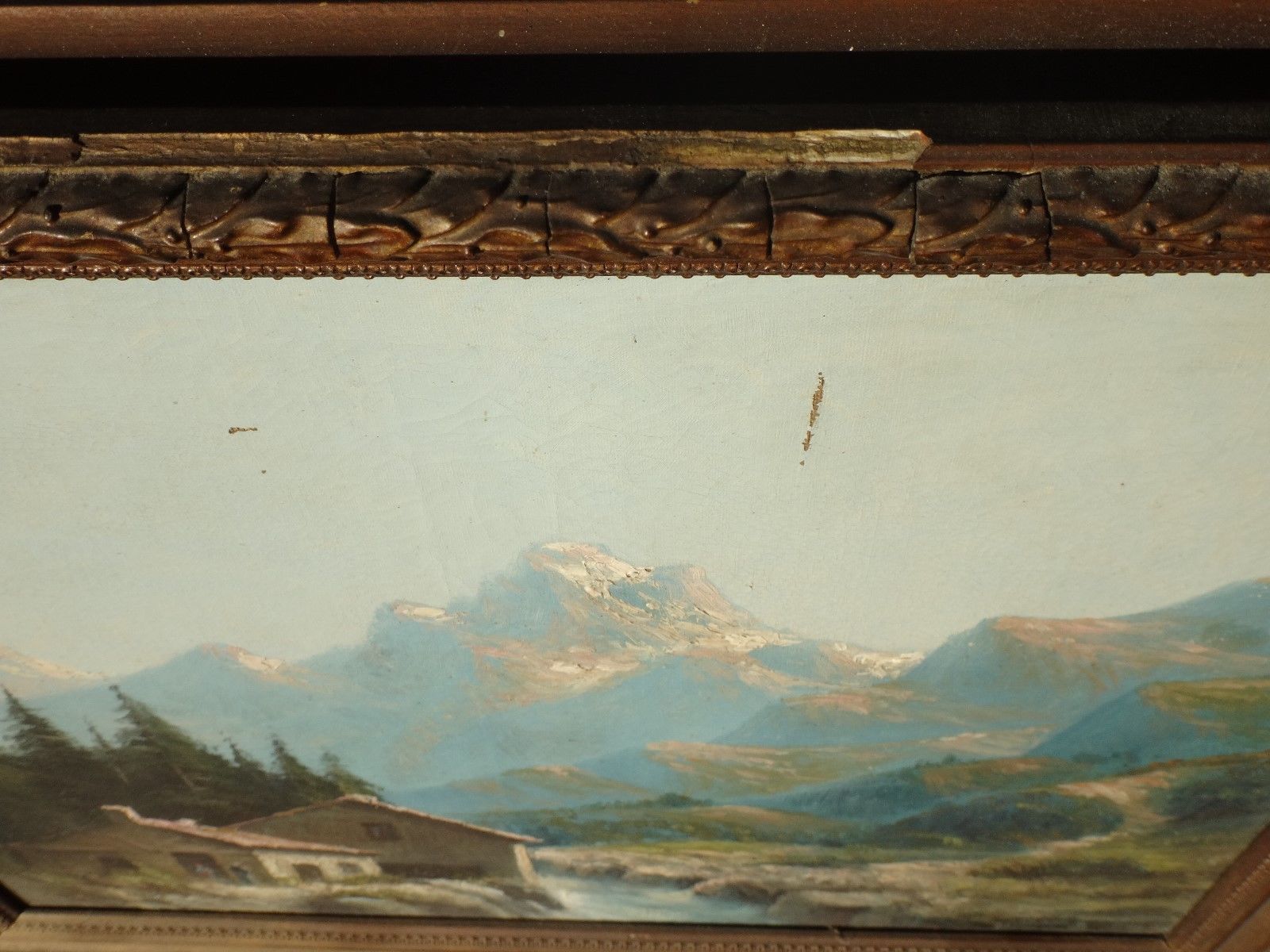 Painting mountains snowy landscape frame gilded wood signed 72x62cm