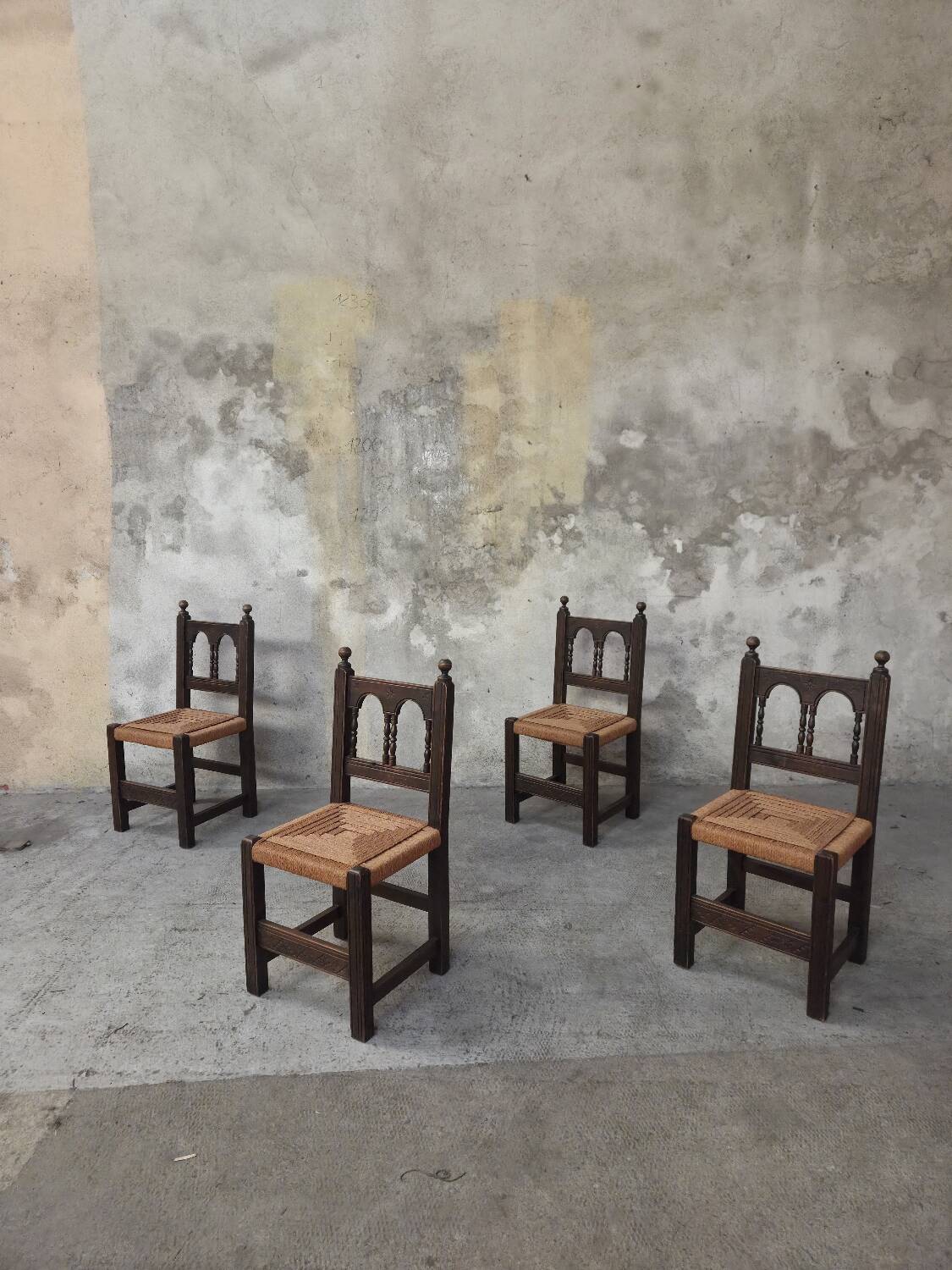4 wooden and corded Basque chairs