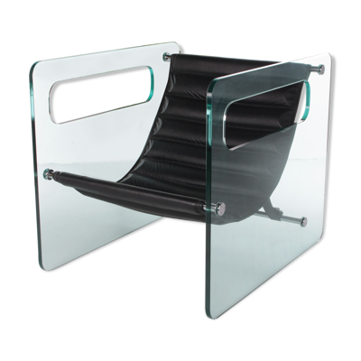 Fauteuil en cuir noir par Giovanni Tommaso Garattoni Italie verre et cuir noir