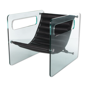 Fauteuil en cuir noir par Giovanni Tommaso Garattoni Italie verre et cuir noir