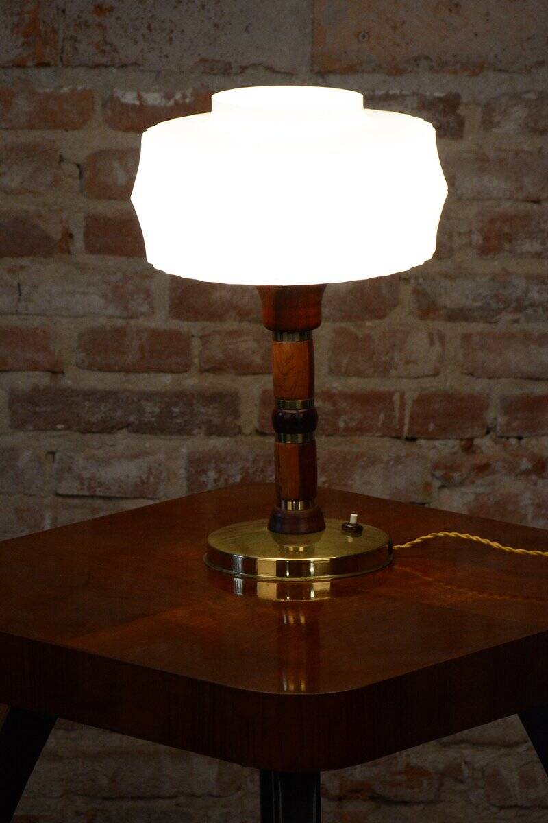 Mid-Century Table Lamp in Walnut, Brass and Glass, Czech, 1960s