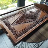Antique carved wooden tray with openwork handles and edges