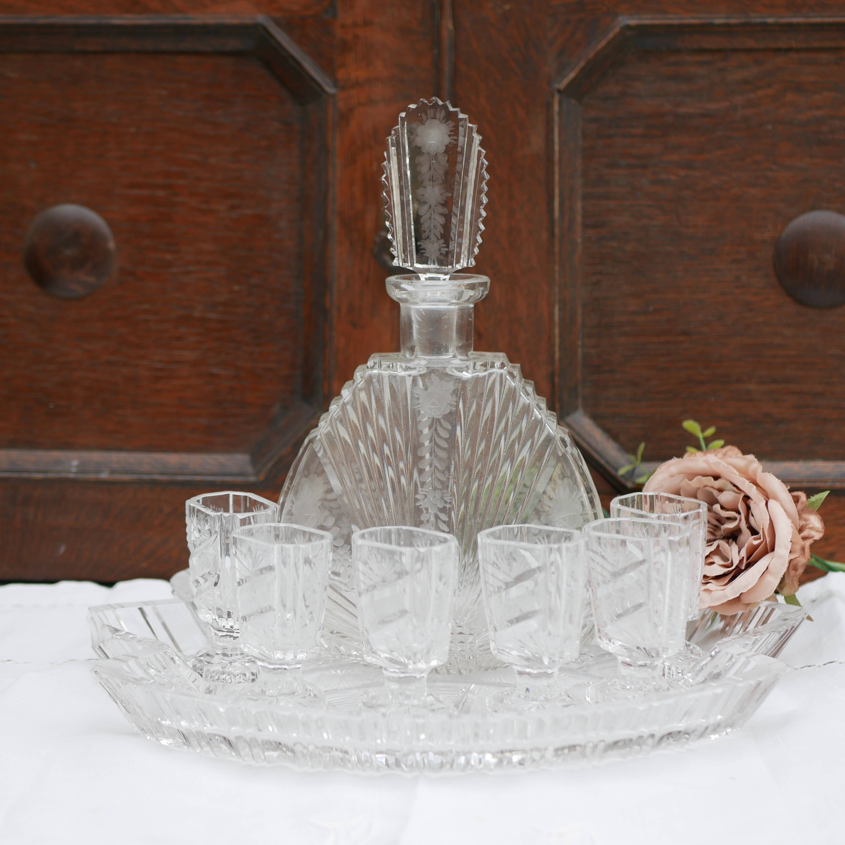 Bavarian liqueur decanter, six glasses and tray