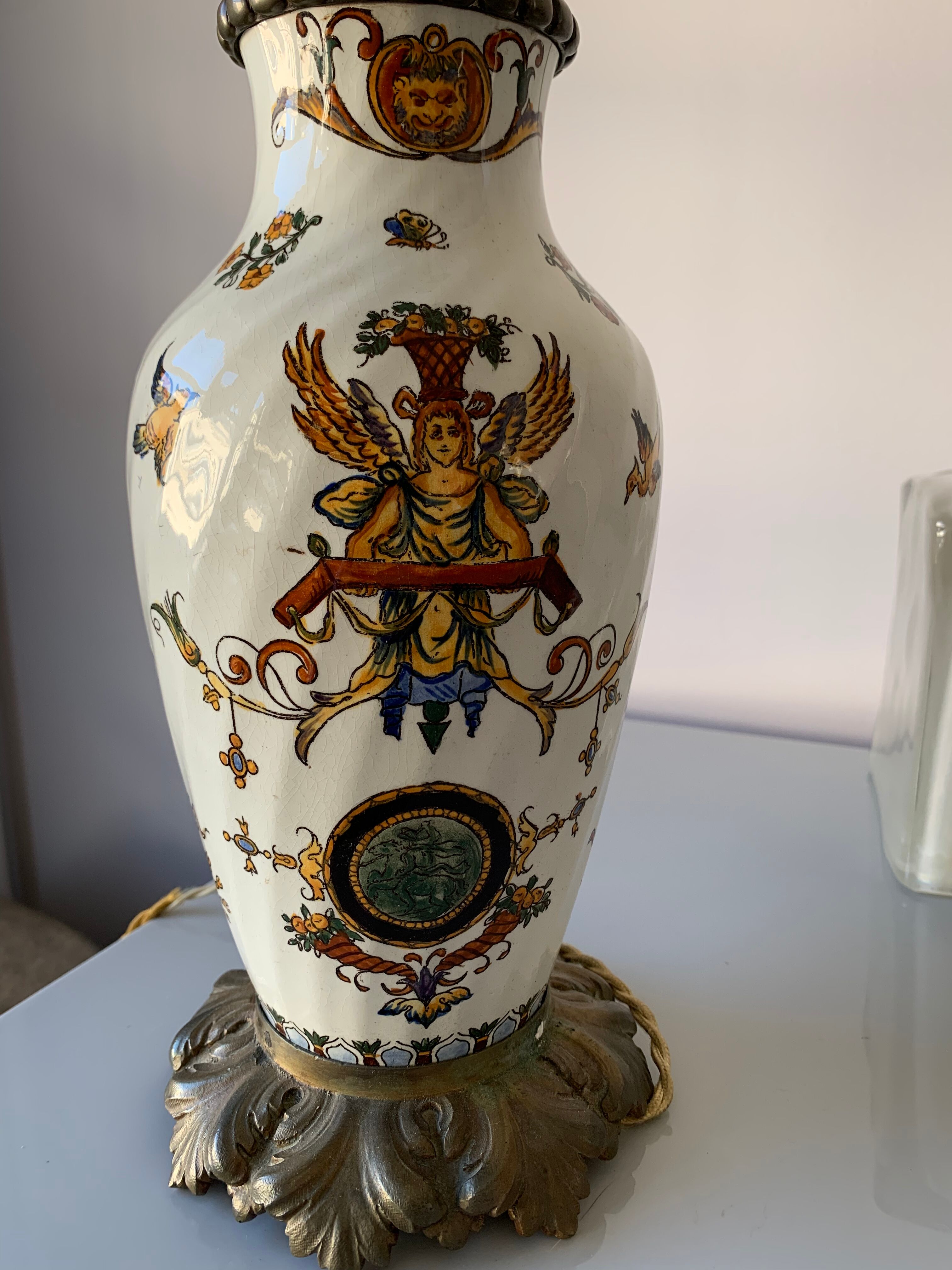 Old faience lamp foot of Gien Renaissance decoration 1876