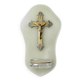 Antique wall-mounted font in green onyx, crucifix in metal and cut glass/crystal.