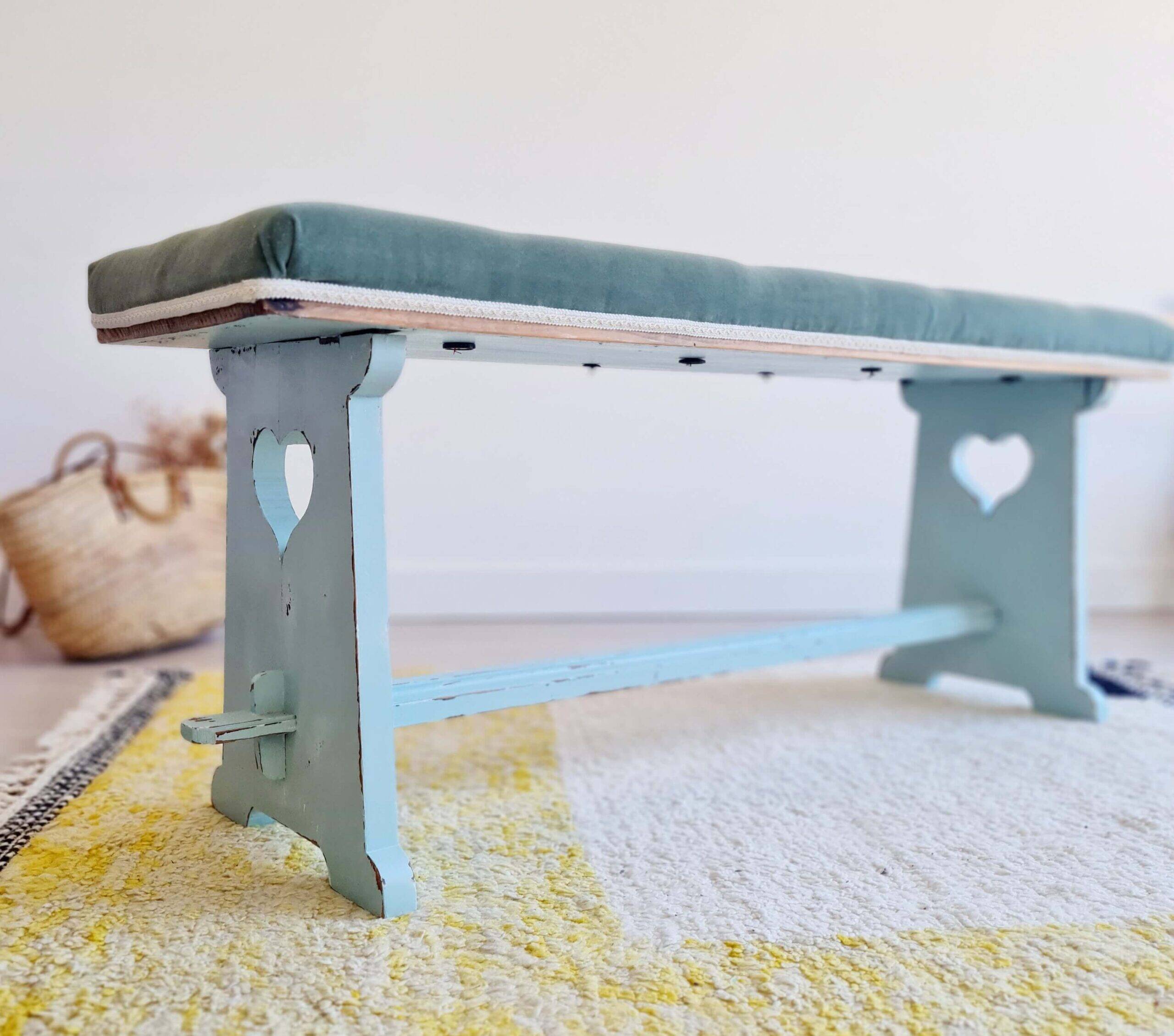 Antique blue velvet wooden bench - heart-shaped bench