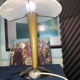 Table lamp legs chrome wood lampshade opaque glass.