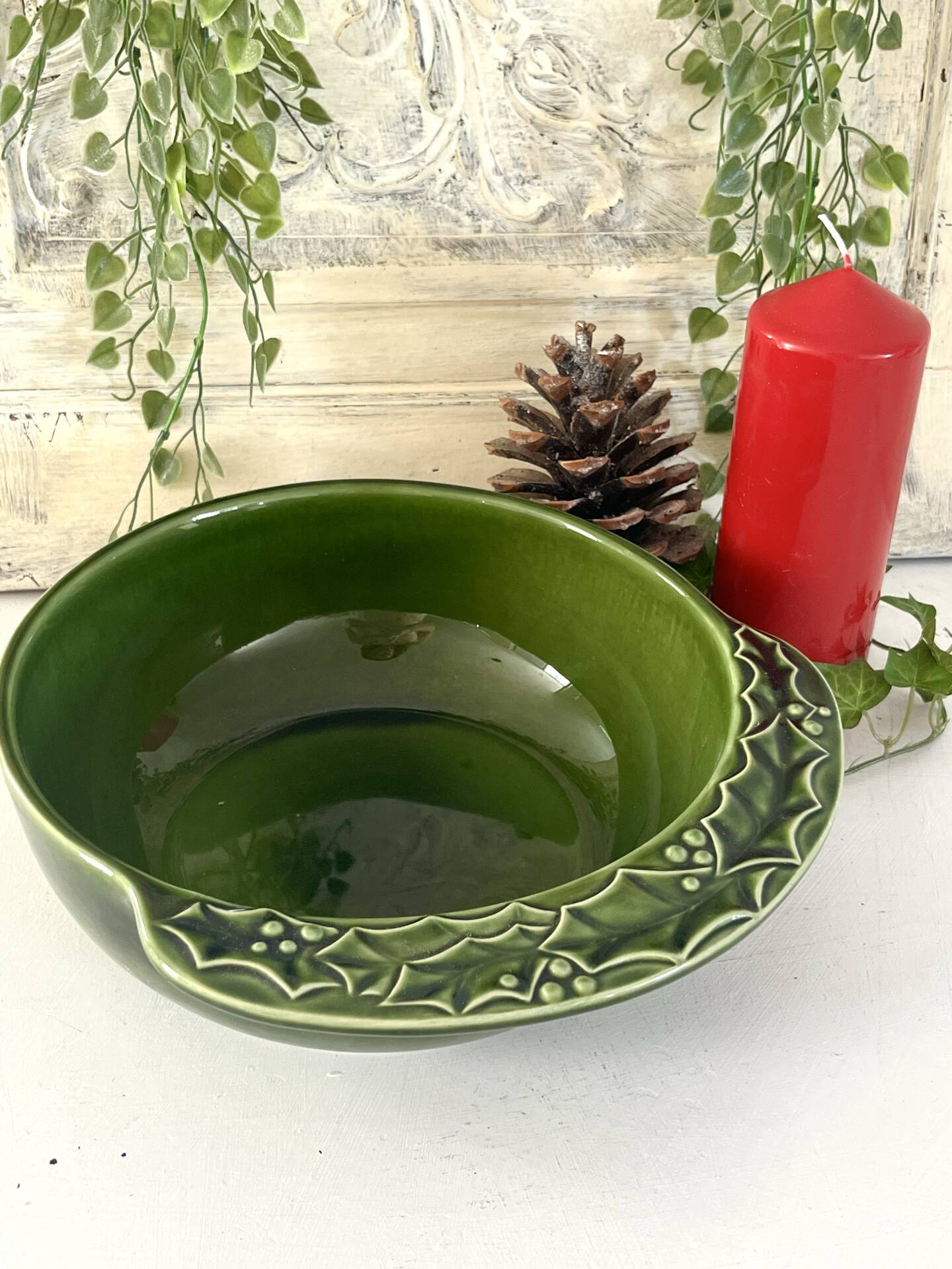 Christmas serving bowl, French BCI holly ceramic bowl, green glazed