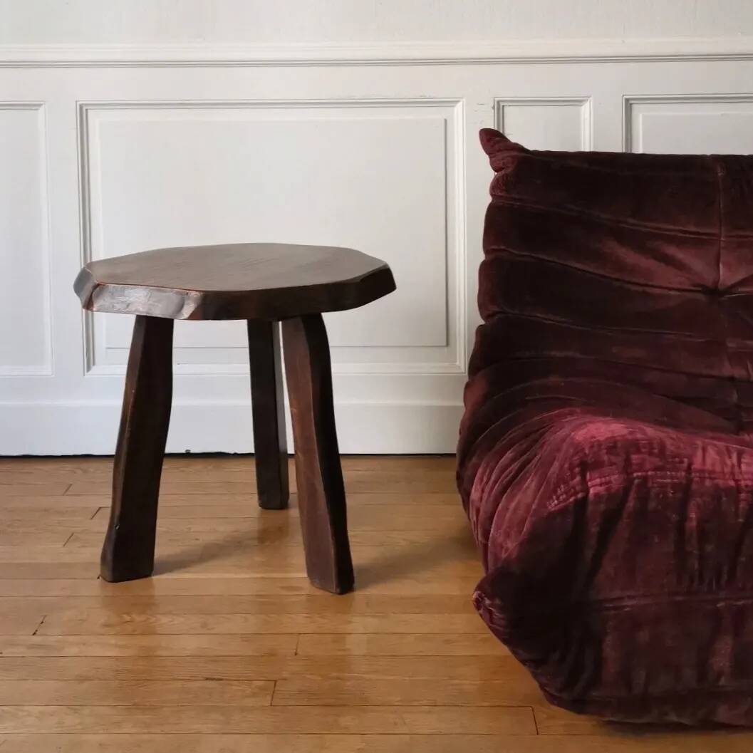 Brutalist side table in solid elm, 1950