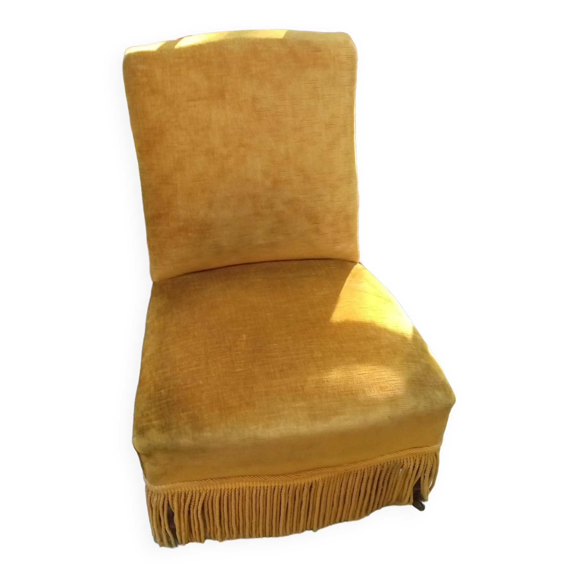 Fauteuil rapaud en velours moutarde