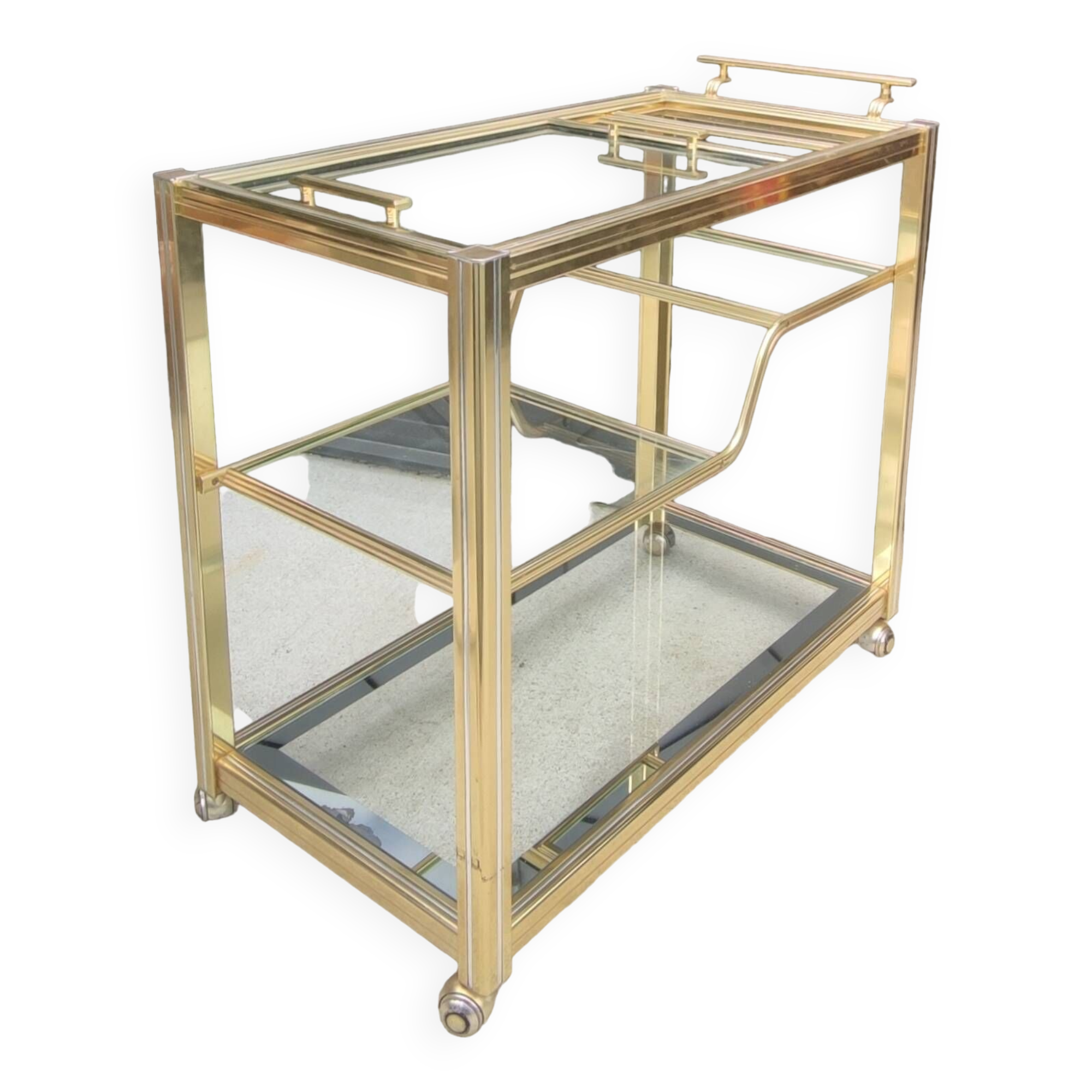 Rolling bar cart, gold-tone metal design, 1970s