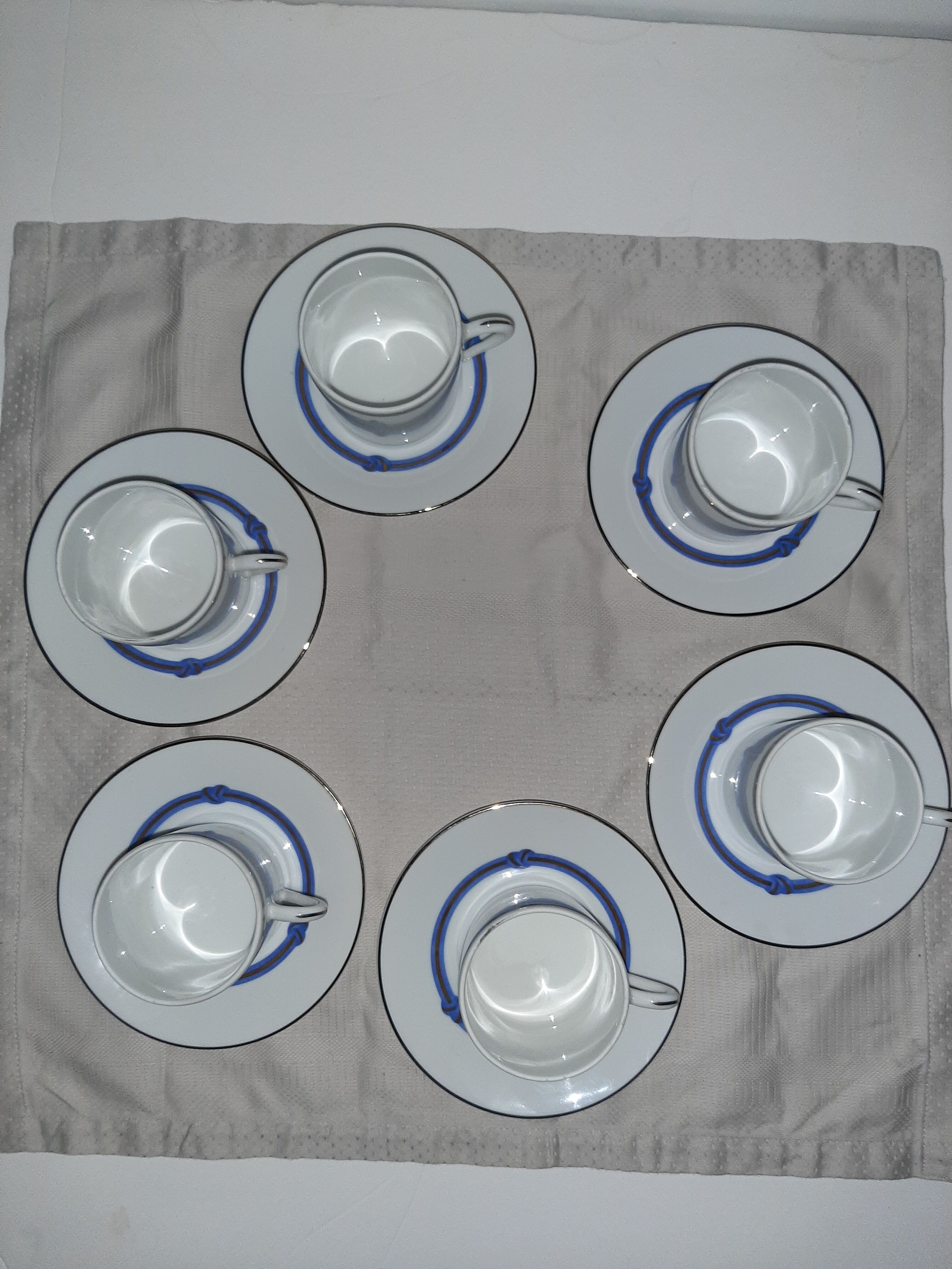 6 Christofle bandeea blue porcelain coffee cups
