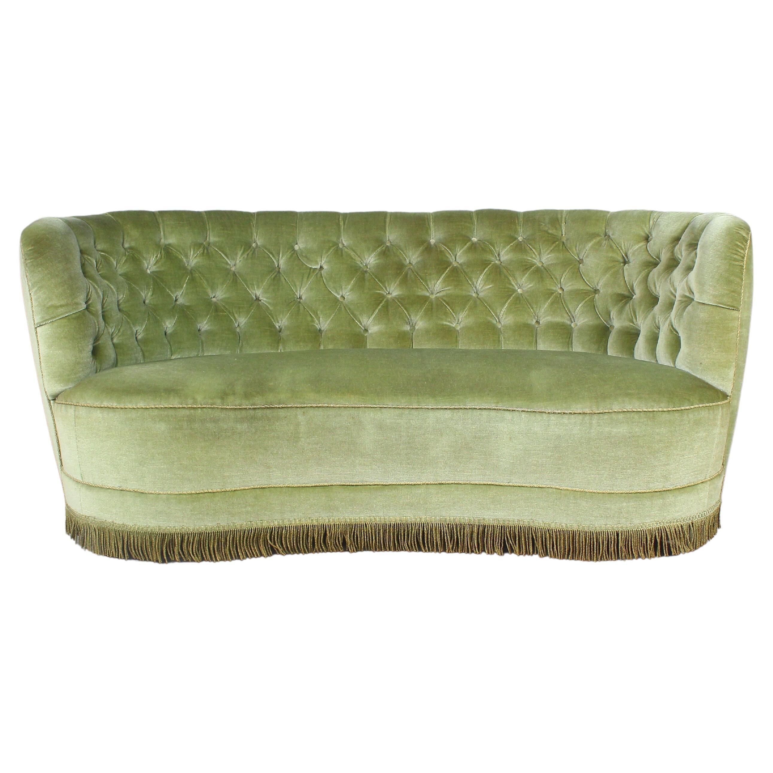1940s Danish Curved Green Buttoned Sofa