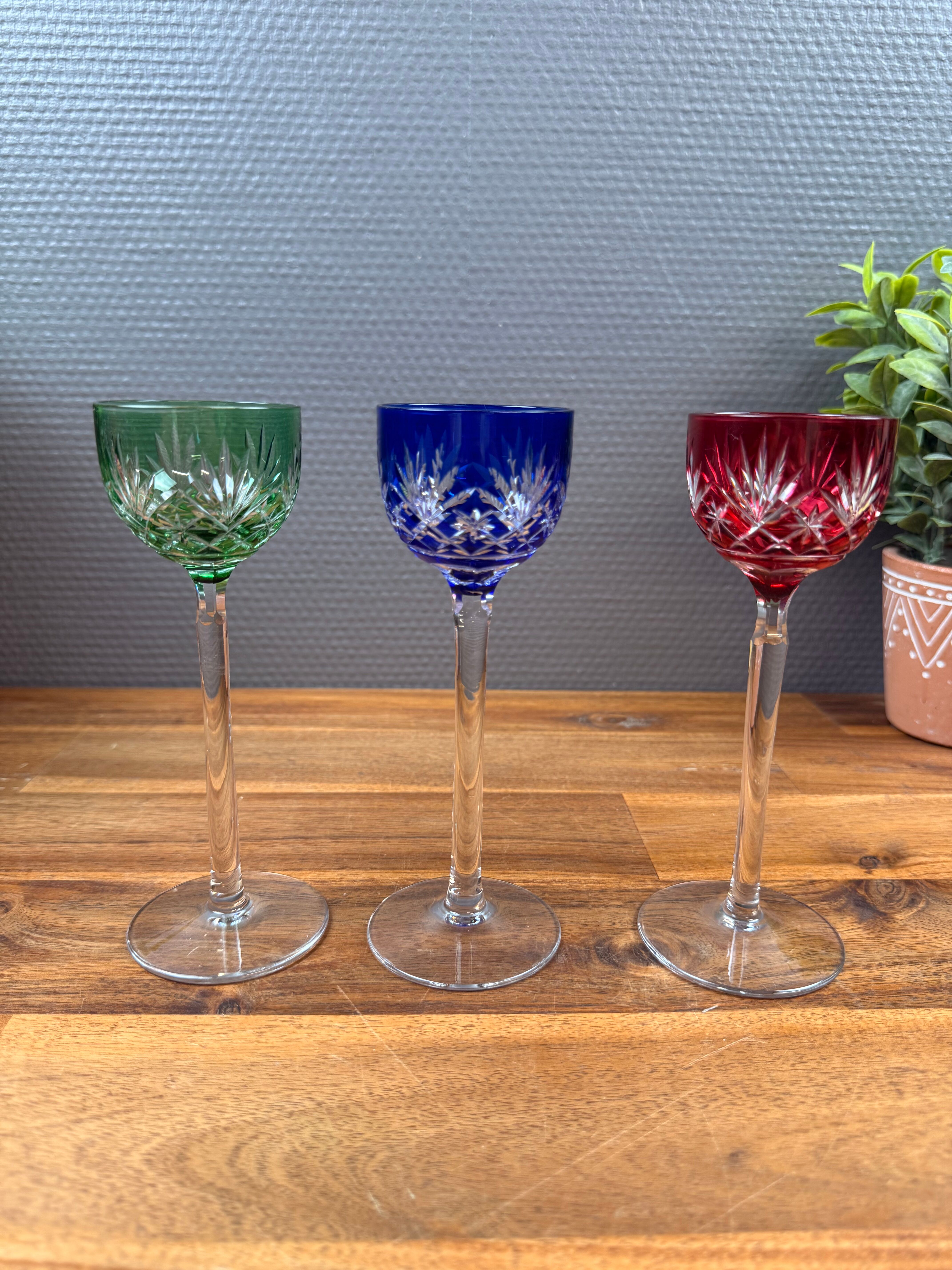 Set of 8 Coloured Cut Crystal Liqueur Glasses
