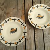 Set of 2 ceramic soup plates décor basket apricots signed Badonviller