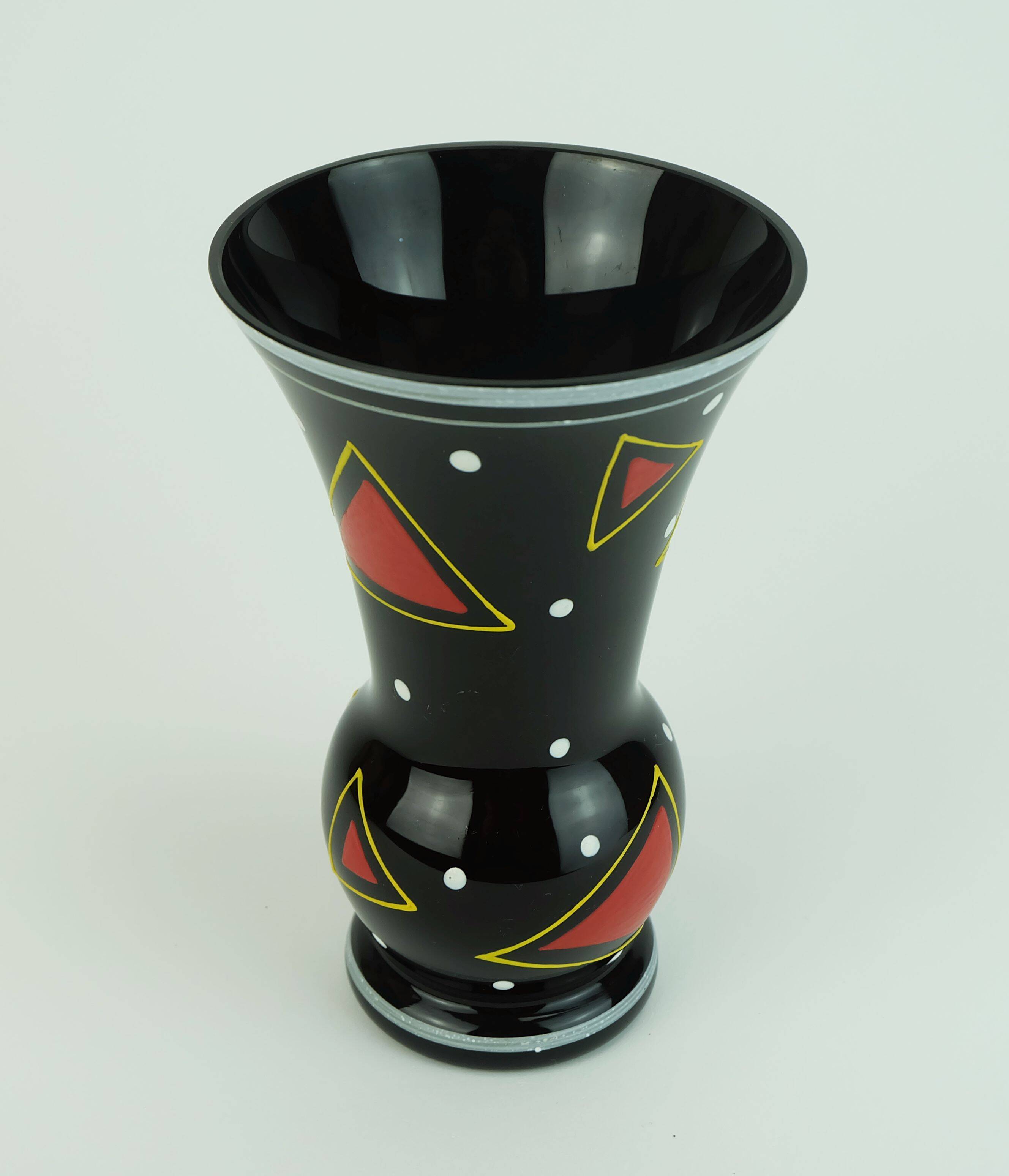 glass VASE hyalith glass black glass abstract decor enamel painting 1950s