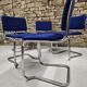 5 vintage tubular chairs in chrome metal and blue fabric