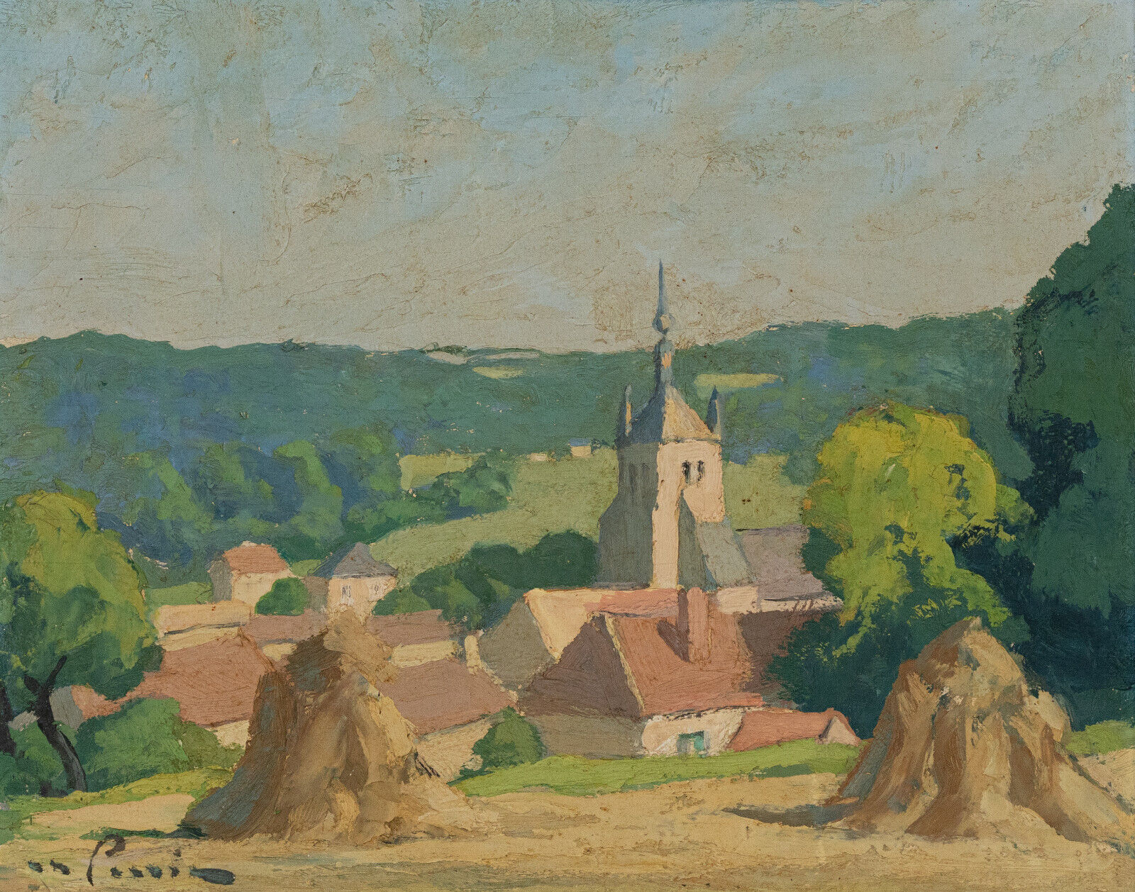 Oil on panel XXth Cassis Summer morning in Saint-Martin d'Ablois 1944
