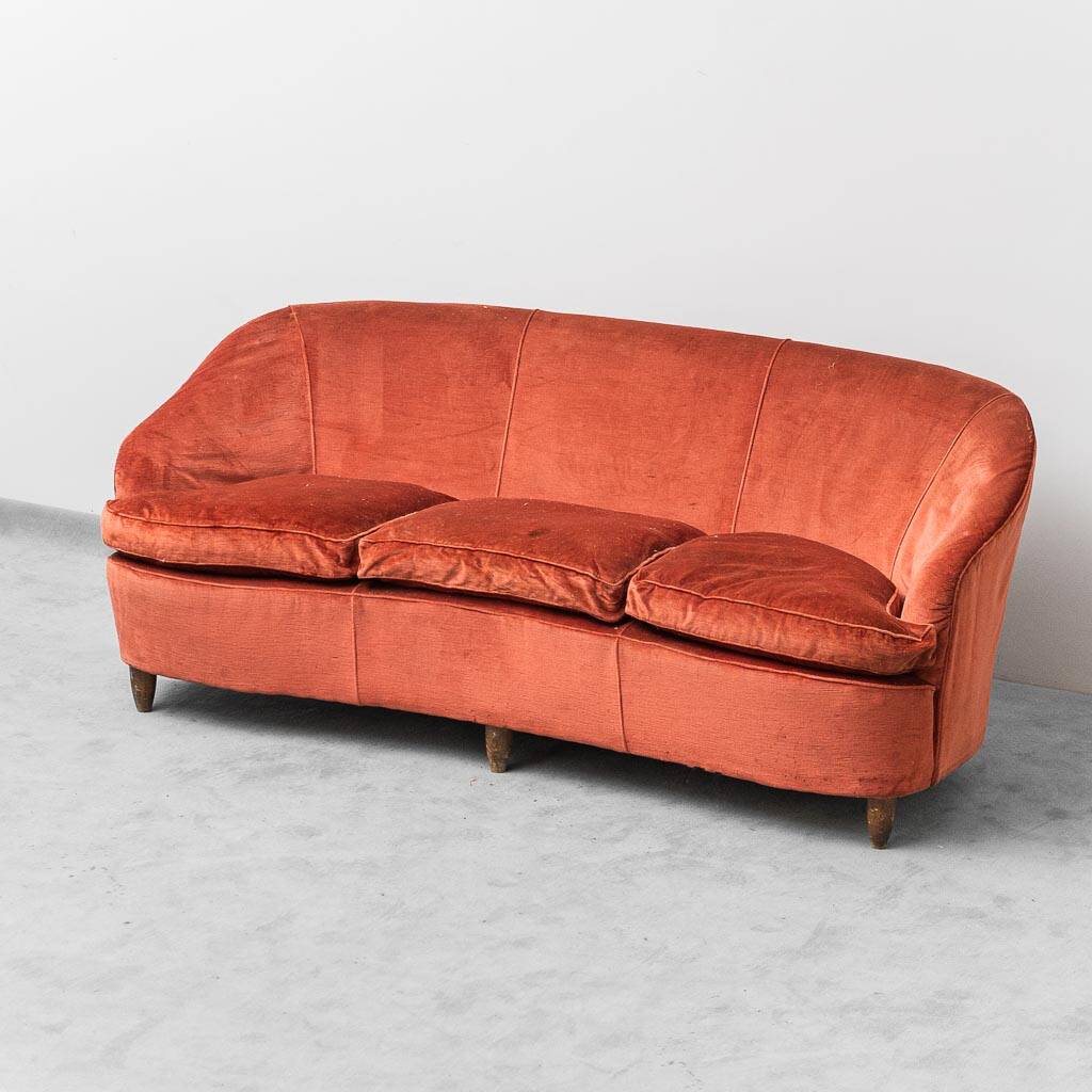 Divano 3 posti en velluto arancione anni '50 vintage modernariato