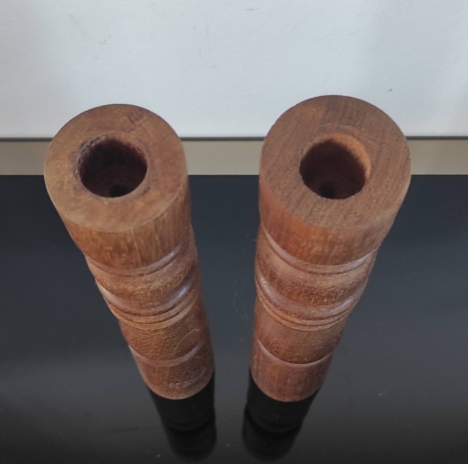 Brutalist turned wood candlestick pair