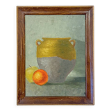 Rustic still life with fruit and pottery