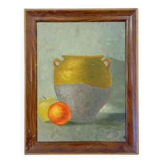 Rustic still life with fruit and pottery
