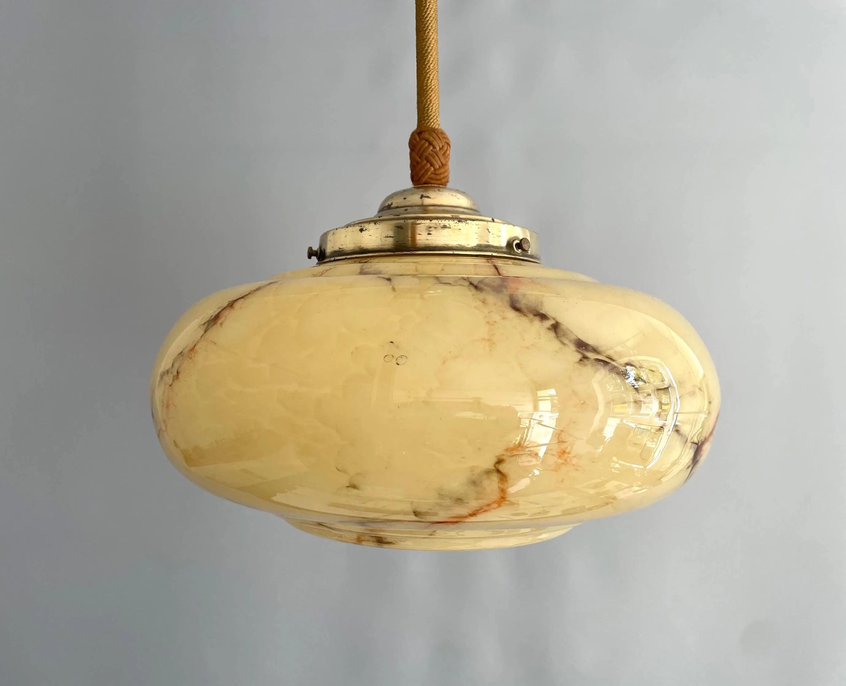 Art Deco Suspension with Beige Glass Shade and Twisted Stem - circa 1920-1930