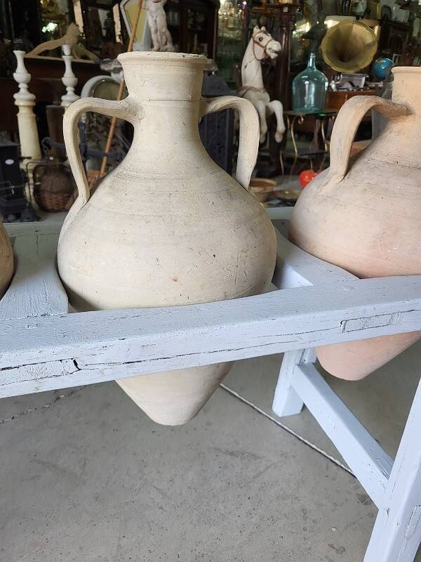 Antique painted wooden jar holder with 4 earthenware jars