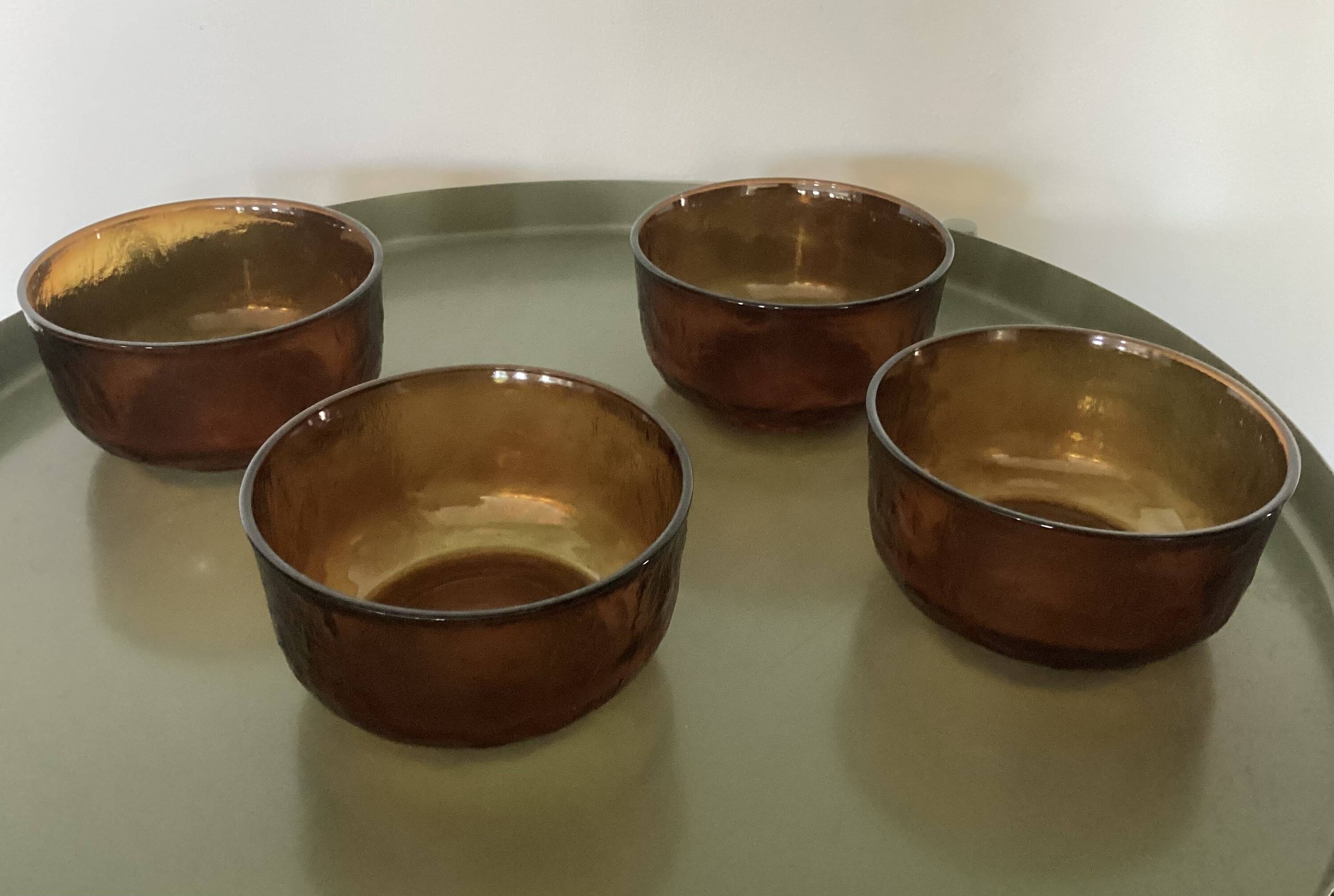4 Vintage Lever Textured Amber Glass Bowls
