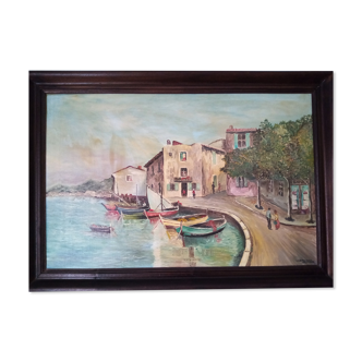 Large oil on canvas, landscape of Cartagena Spain, signed and framed